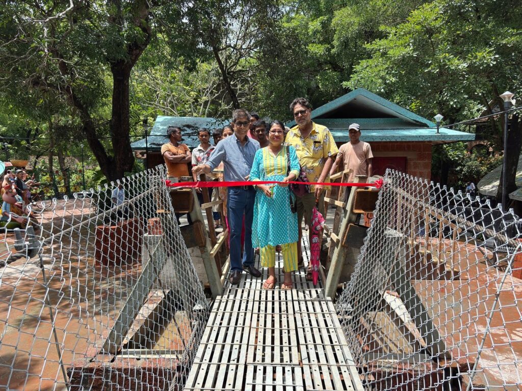 Ribbon cutting at the inauguration of the pedestrian suspension bridge at Torda, North Goa, India, installed by Inter Tech Pvt. Ltd., Nepal